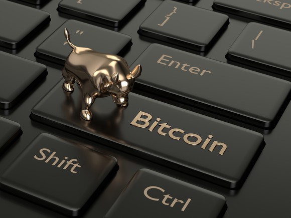 A miniature gold bull is on top of a keyboard button labeled bitcoin.