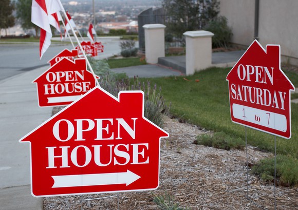 Open House signs displayed along a sidewalk. 