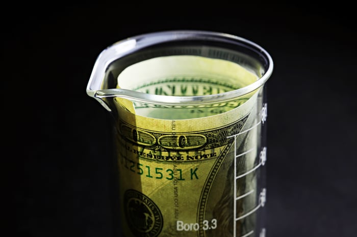 A hundred dollar bill in a beaker.