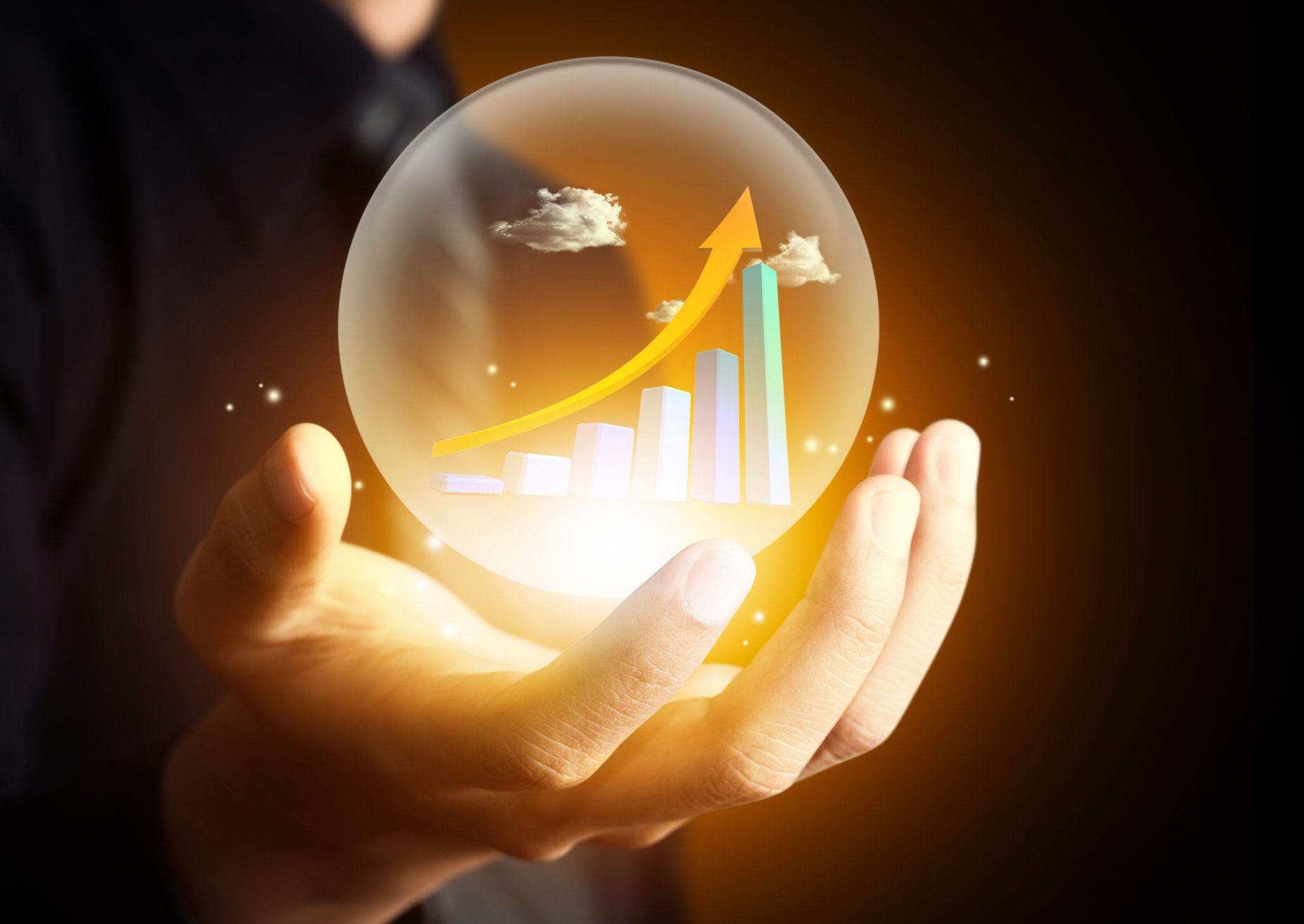 A person holding a sphere with an ascending bar chart inside.