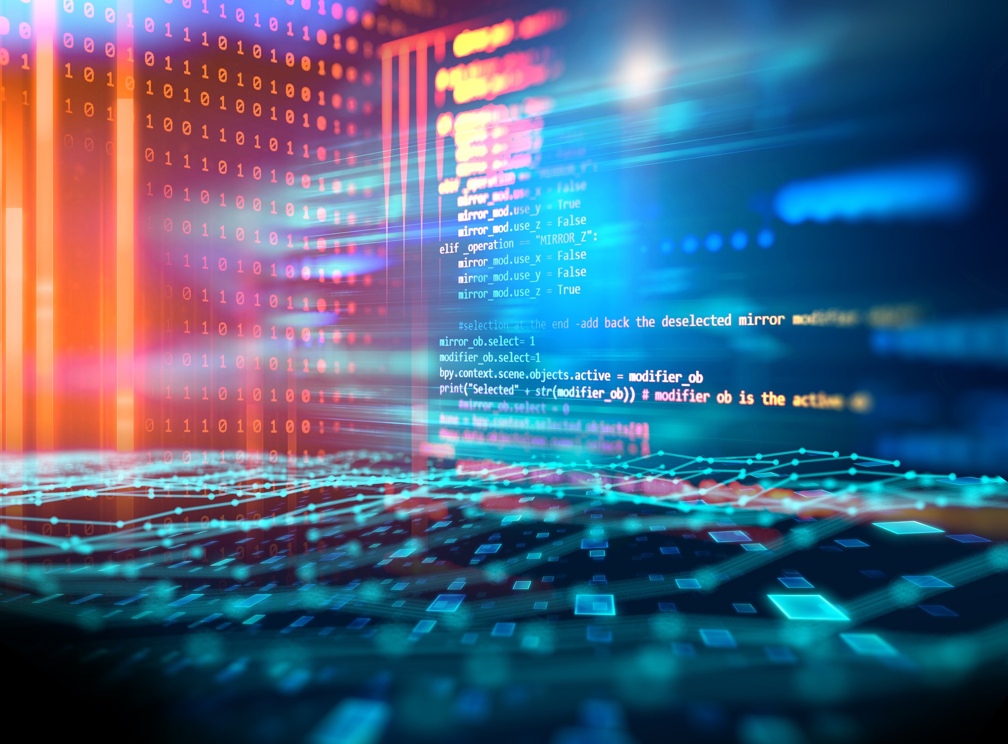 An illustration shows computer coding lines at various angles