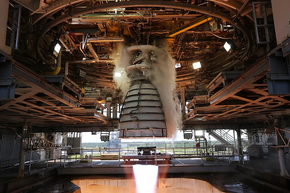 An Aerojet Rocketdyne engine on a NASA launch pad