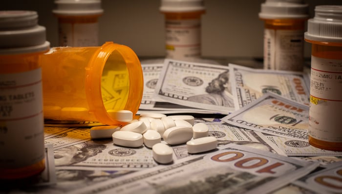 Pills spilling out on US currency.