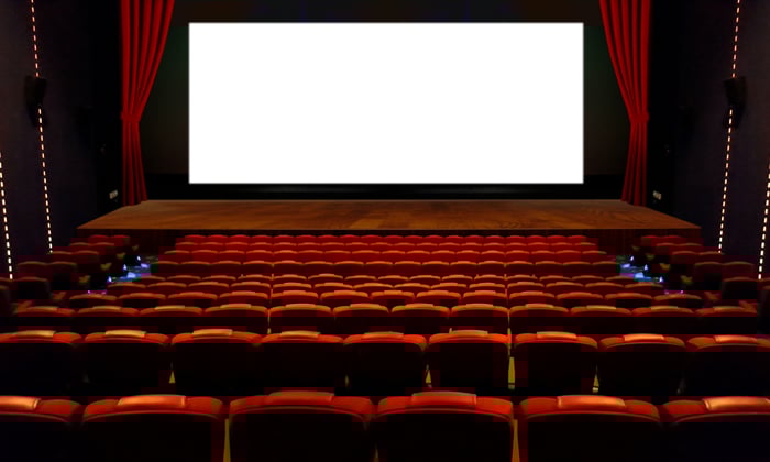 Empty movie theater viewed from back of room