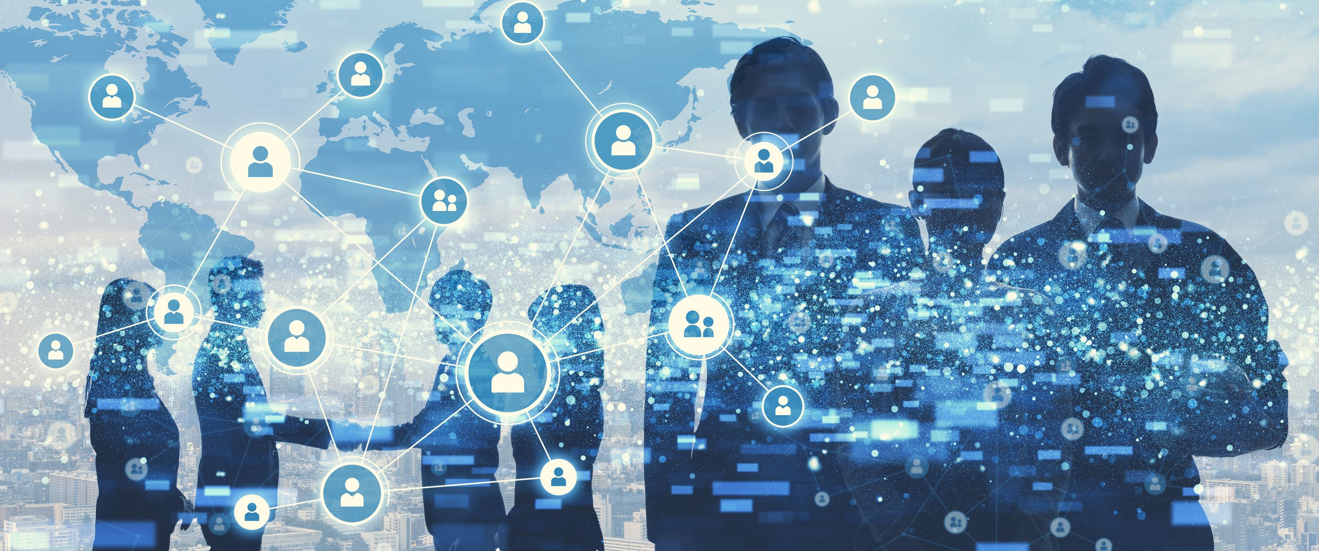 A cloud of human connections with a map in the background.