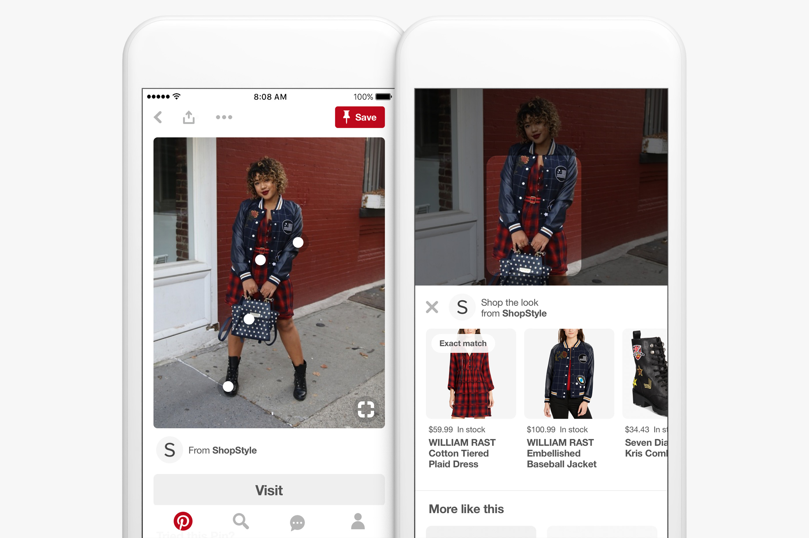 Two phone screens displaying shopping options on Pinterest.