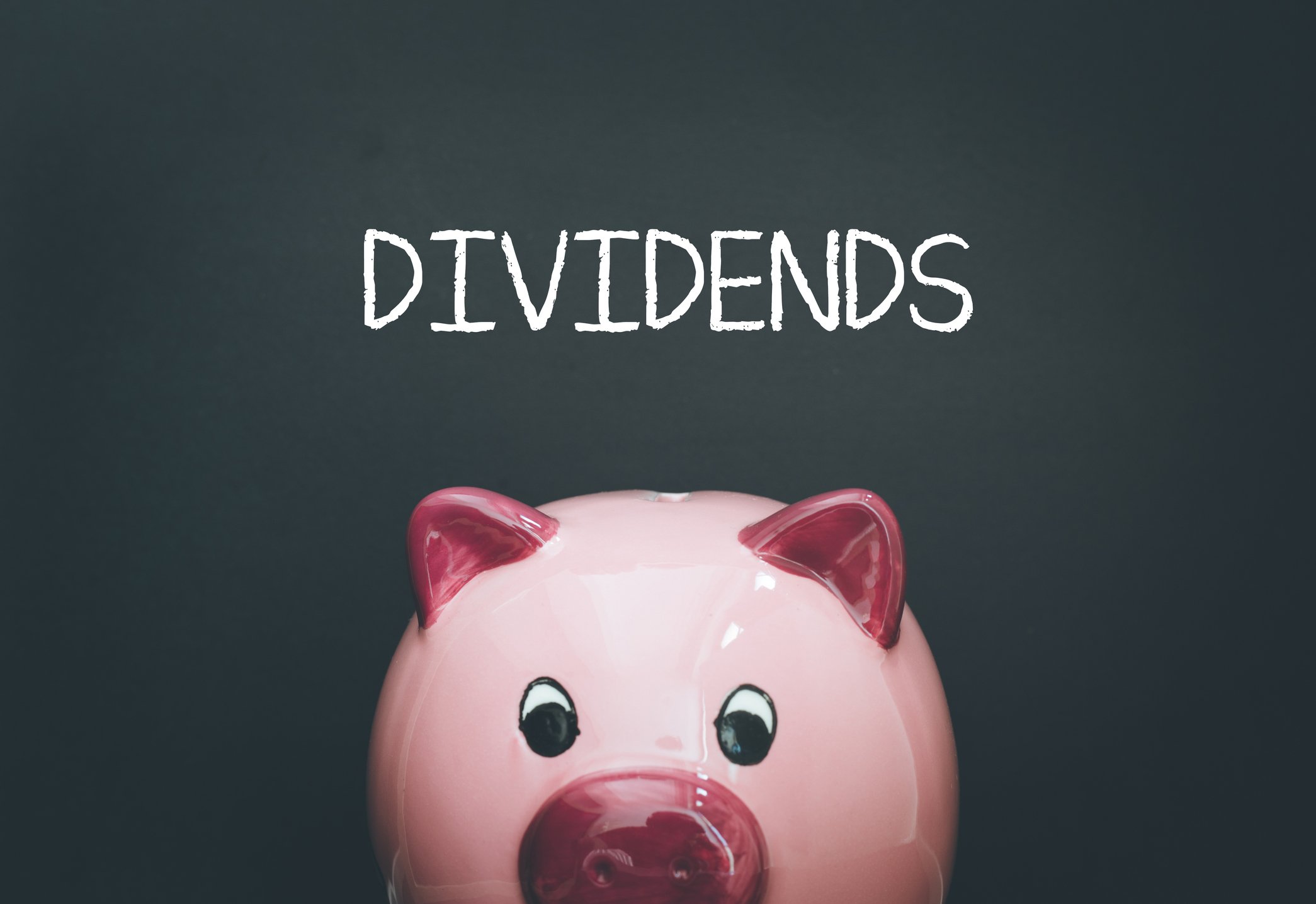 The word Dividends spelled out over the top of a piggy bank