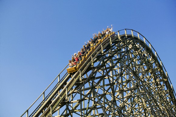 A roller coaster in action.