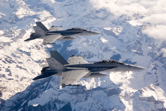 Boeing's F/A-18 Super Hornet in flight. 