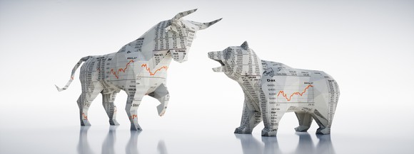 Bull and bear models made of paper. 
