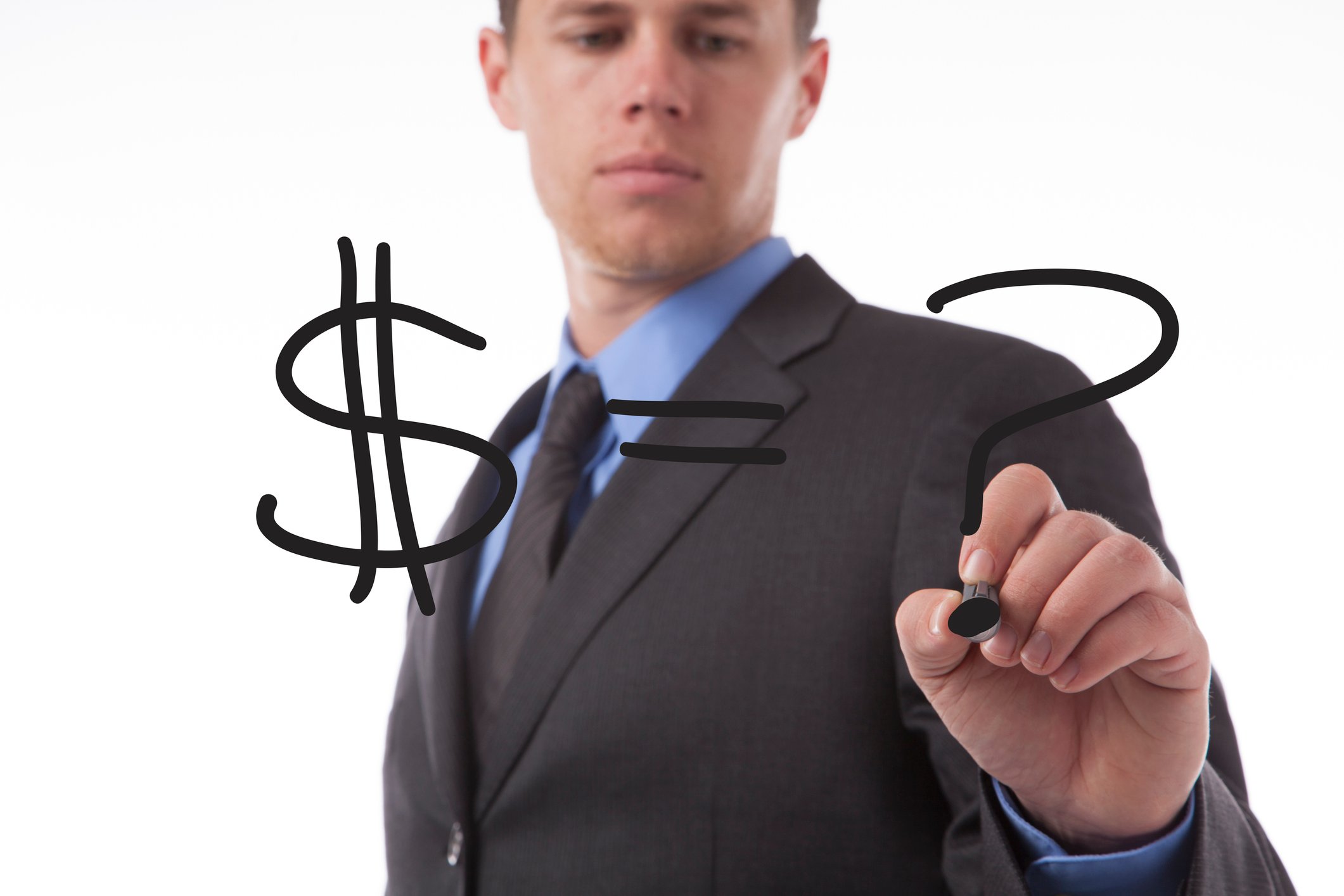 Businessman writing dollar sign equals question mark with a black marker