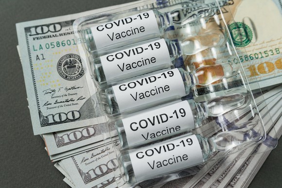 Bottles labeled covid 19 vaccine sit stop stacks of hundred dollar bills.