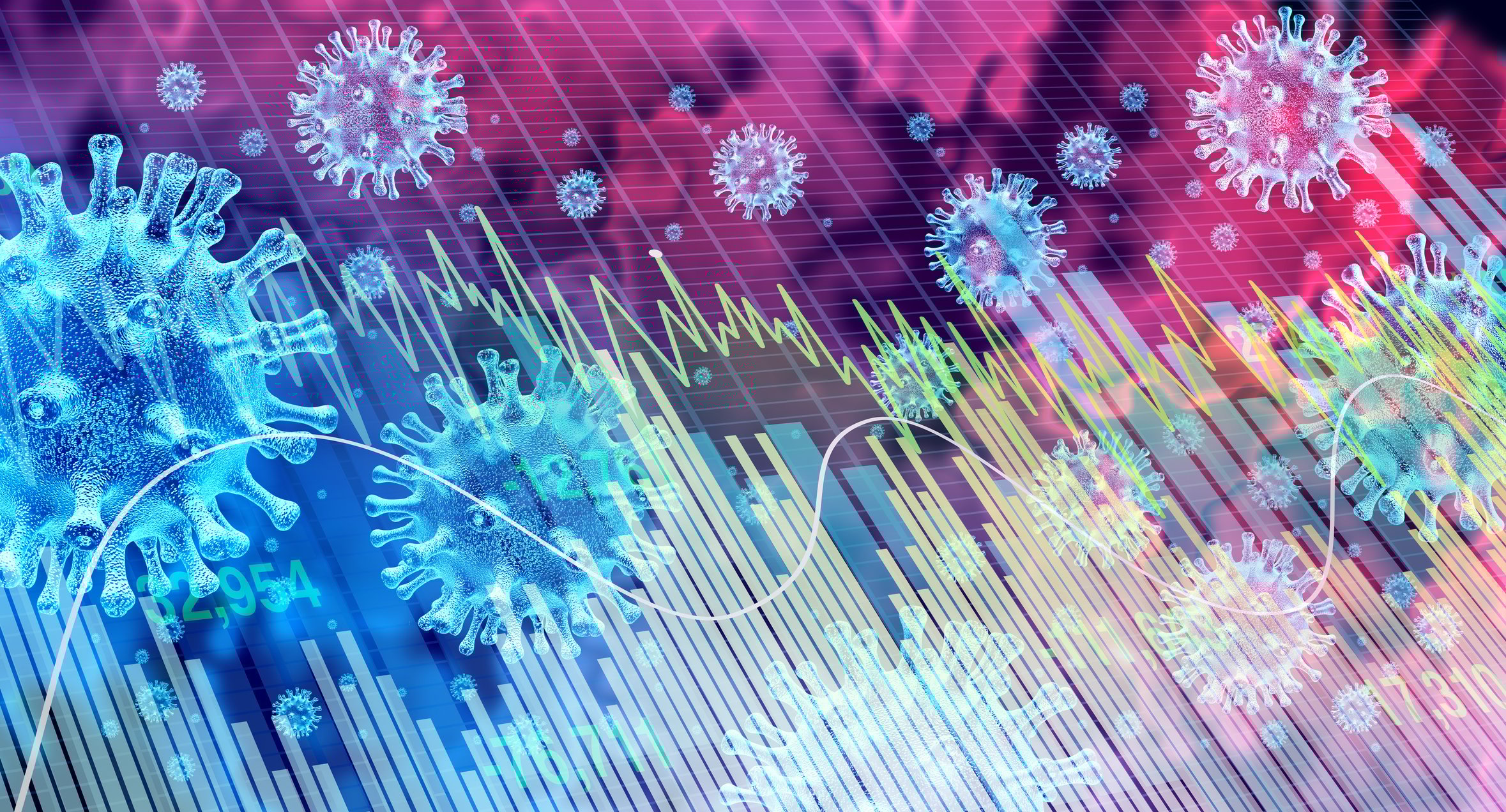 A collage of stock graphs and coronavirus virions.