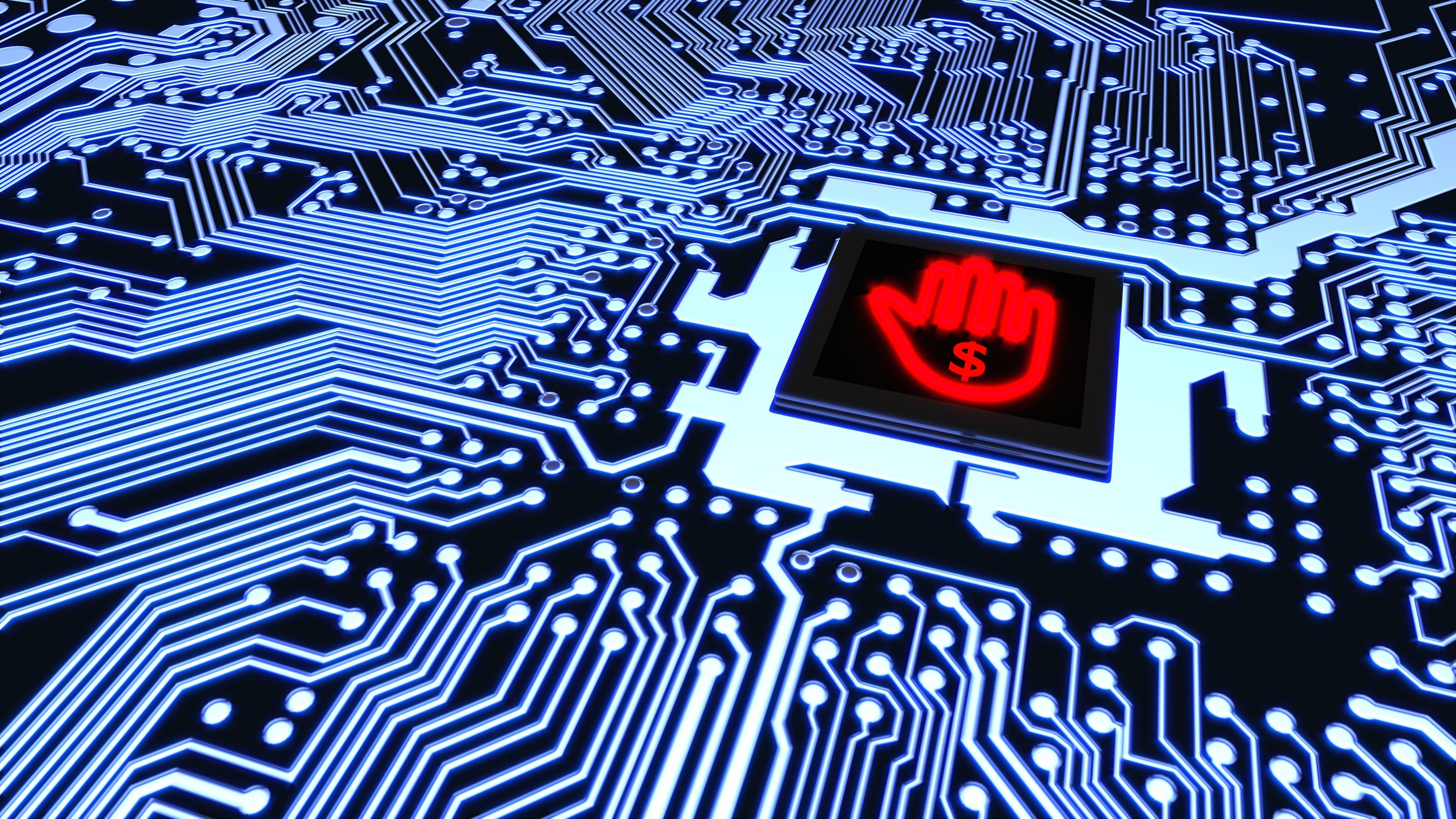 Computer chip on motherboard with dollar sign on stop hand 