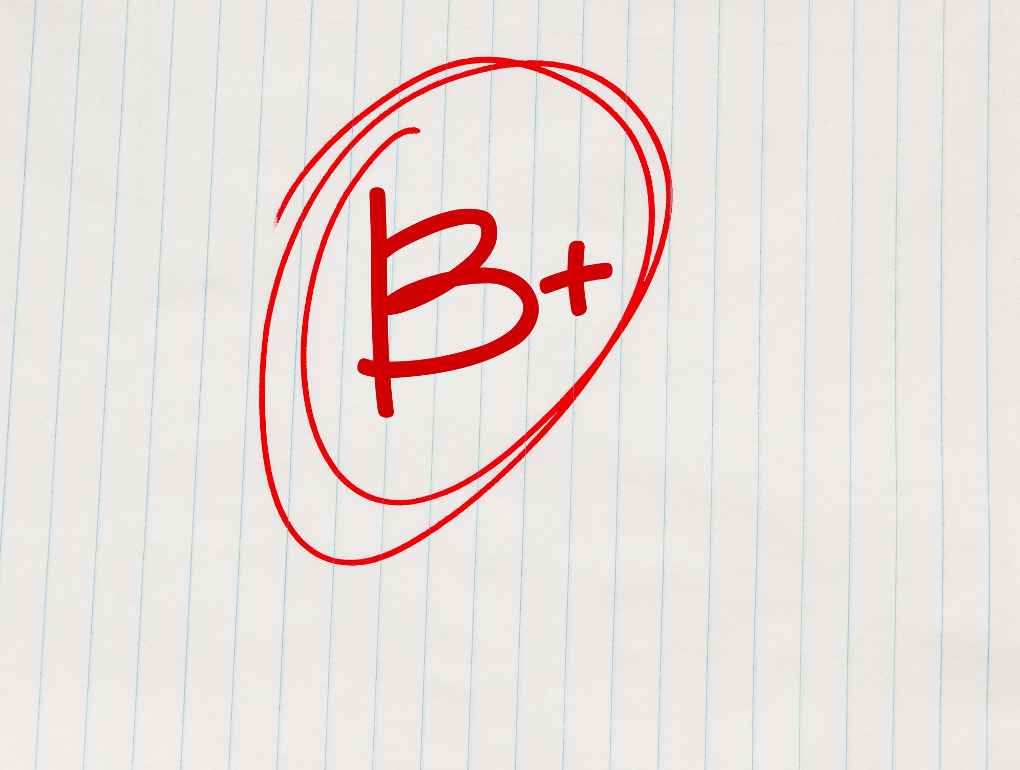 A grade of B+ written on lined school paper