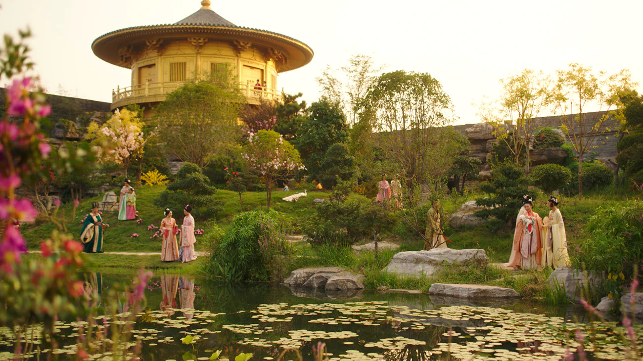A snapshot from the live-action Mulan movie showing a peaceful Chinese garden.