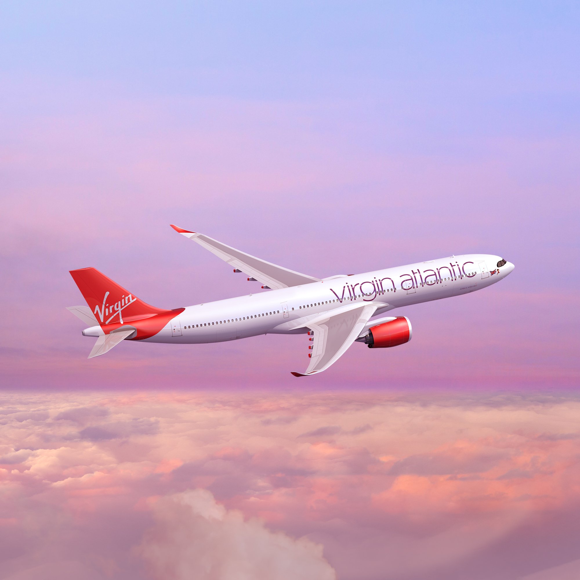 A Virgin Atlantic A330 flying above the clouds.