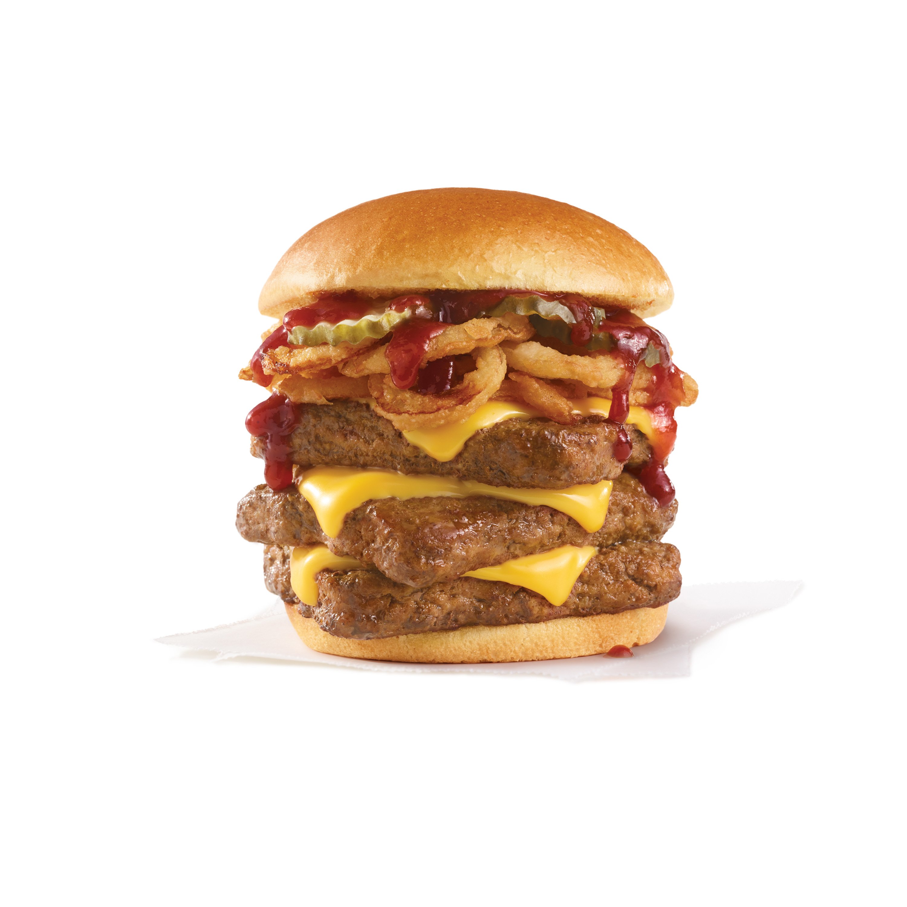 A three-patty Wendy's hamburger.