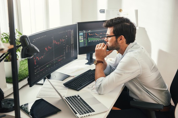 Man looking at stock charts on the computer.