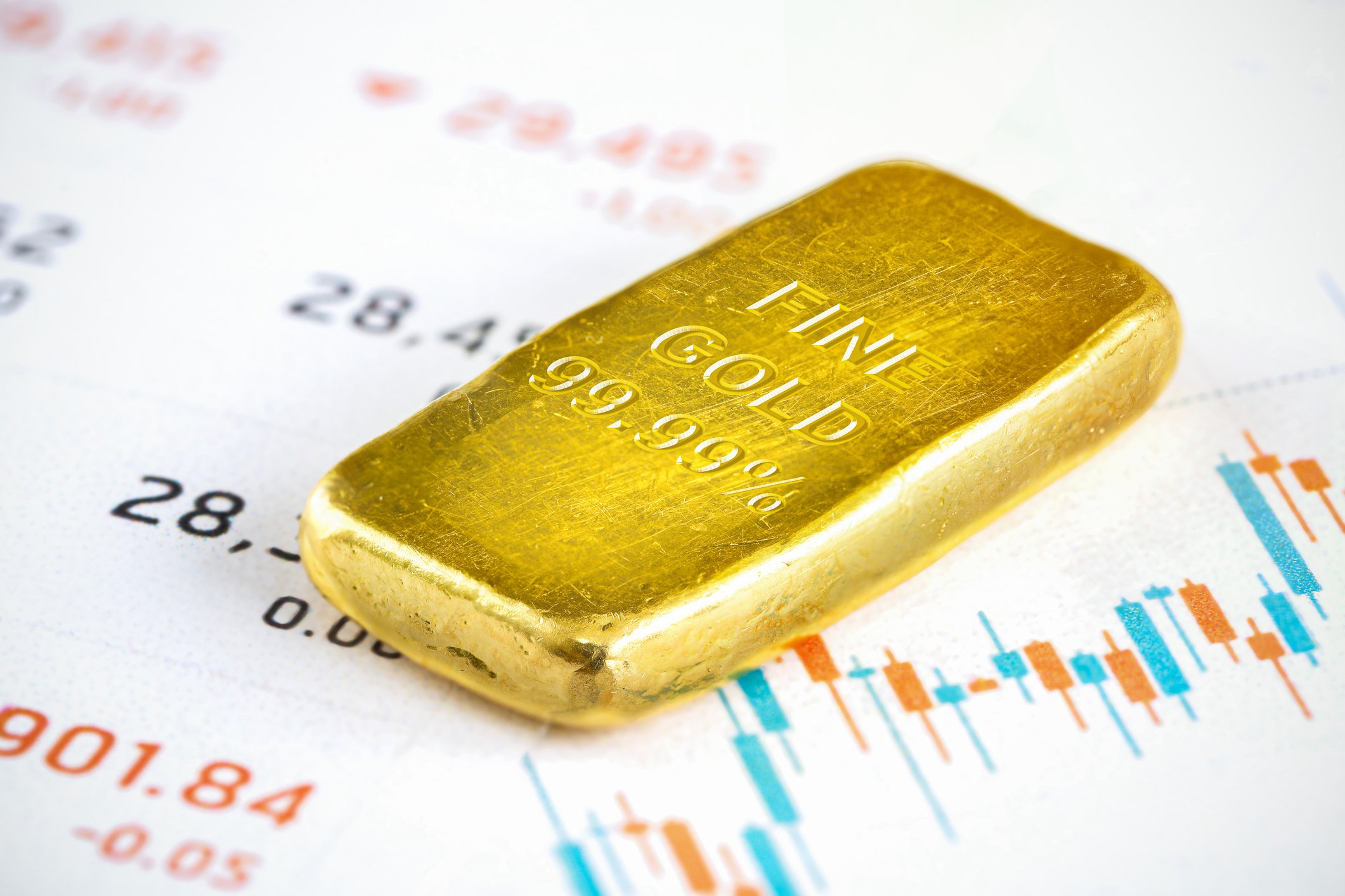 A gold bar lies on a financial chart.