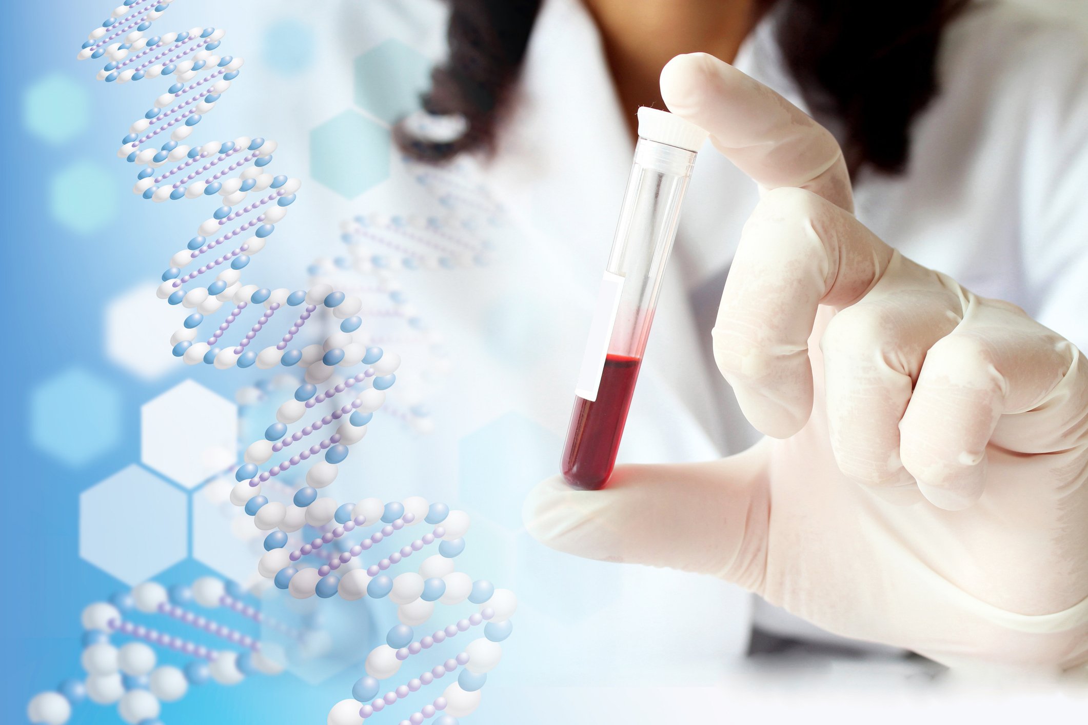 Scientist holding a vial of blood with an image of a DNA helix in the foreground
