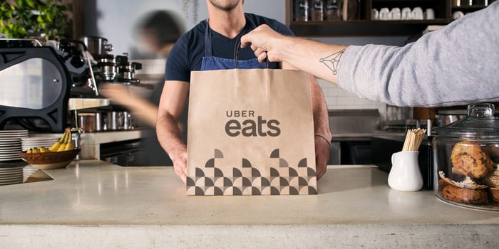 An Uber Eats bag on a counter