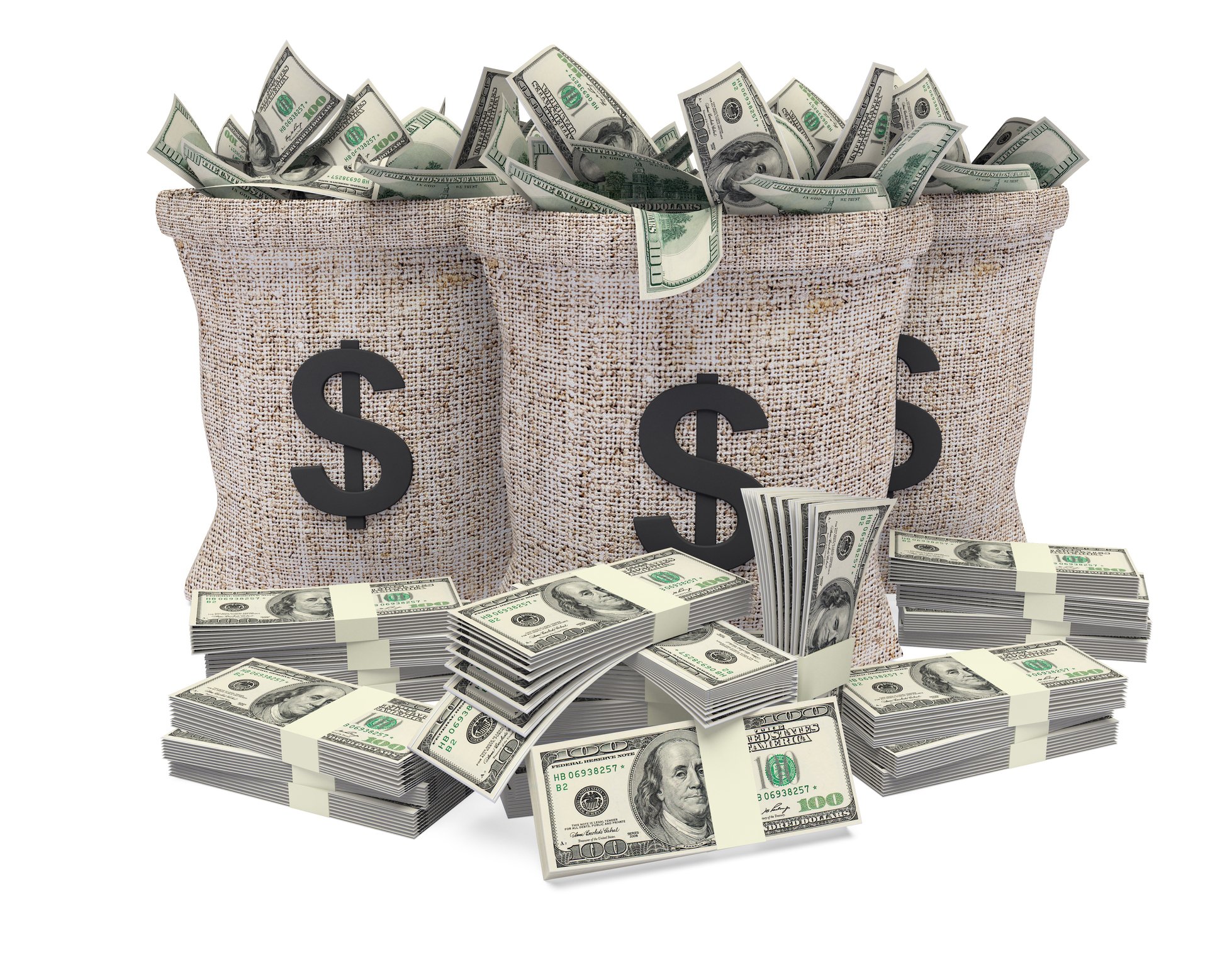 Stacks of $100 bills in front of three bags with dollar signs on them that are full of cash