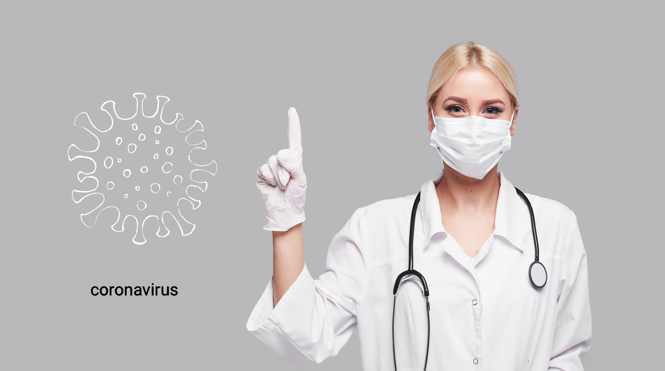 Physician wearing a mask pointing index finger up next to an image of a coronavirus