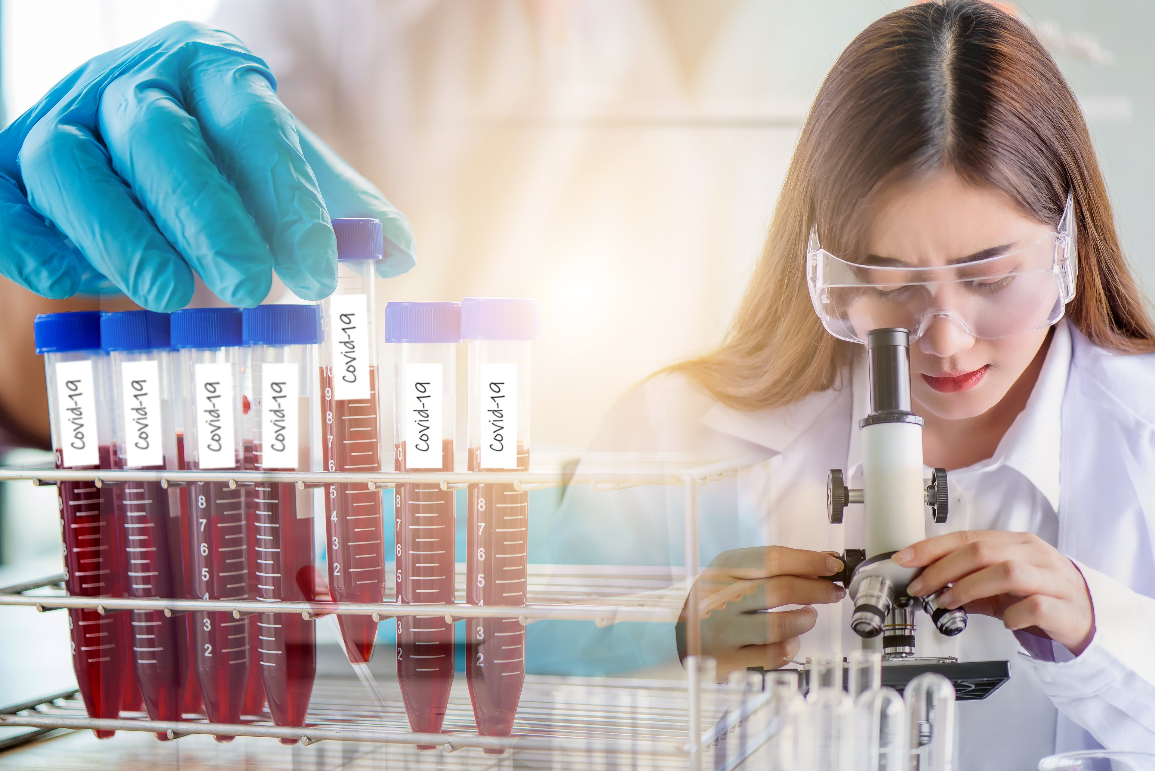 Doctor holding blood test tube sample of coronavirus at laboratory with microscope.