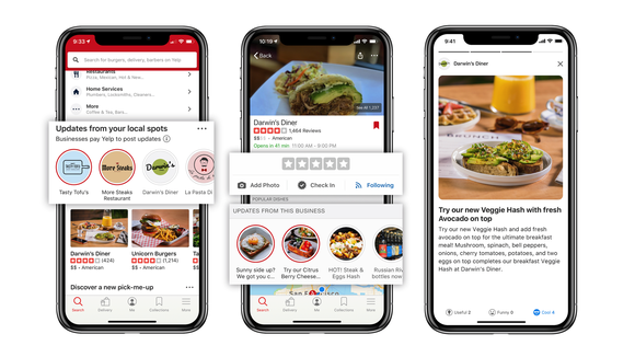 Three smartphones displaying Yelp's app interface
