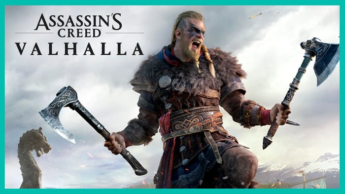 Assassin's Creed Valhalla cover art with Viking warrior.