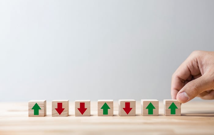 Blocks with red and green arrows pointing up and down. 