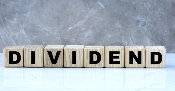 The word "dividend" written out in wooden blocks.
