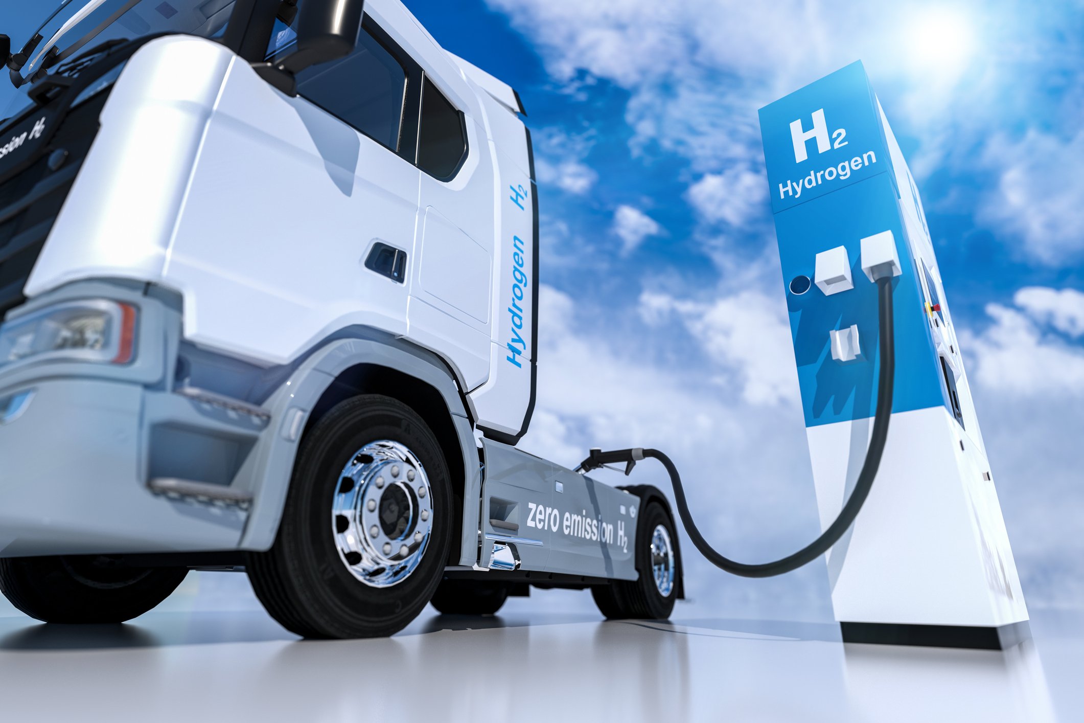A hydrogen truck engine at a hydrogen fueling station.