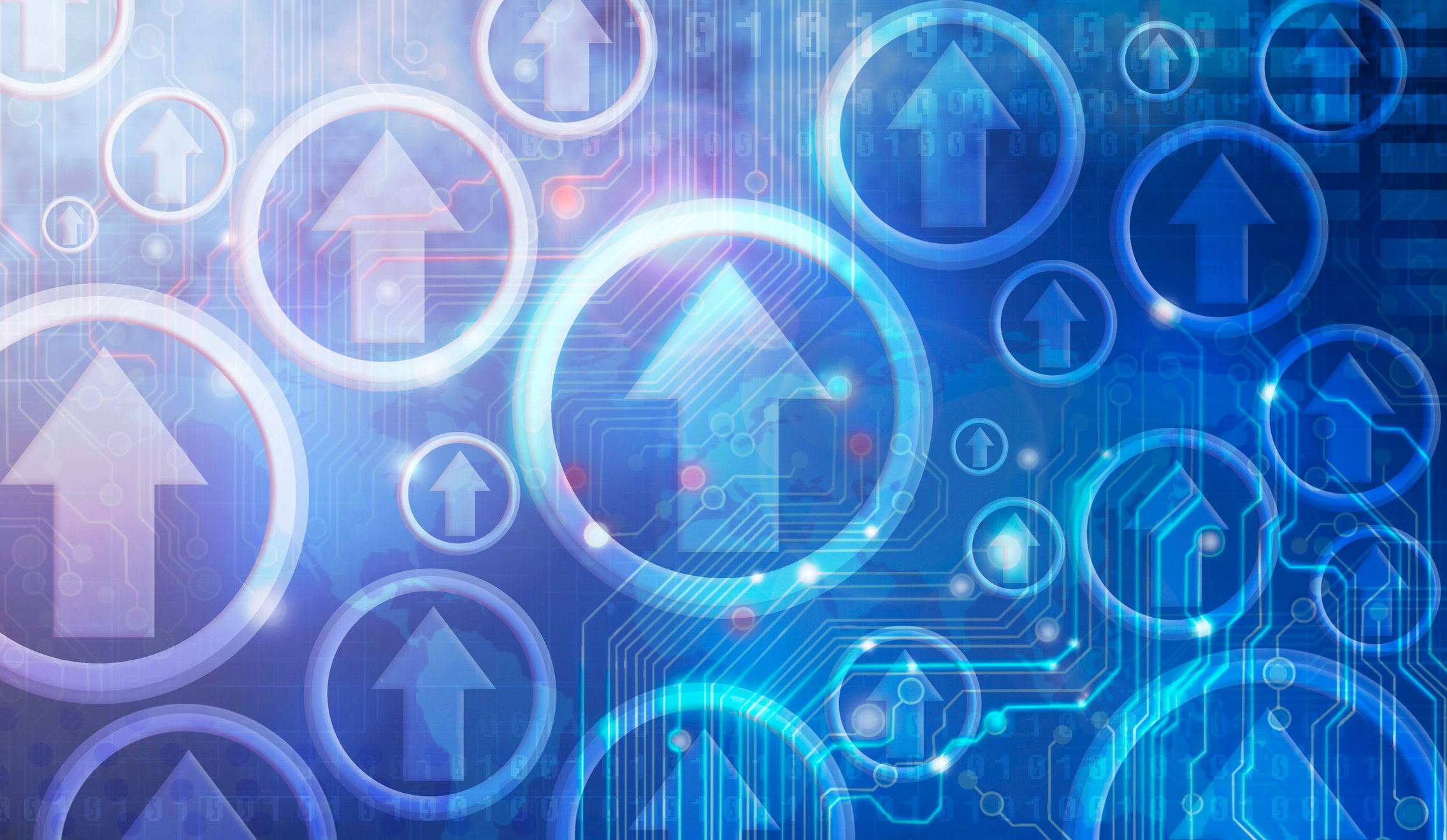 A rendering of many arrows pointing up on top of a blue circuit-board pattern.
