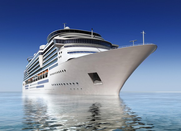 A front view of a cruise ship in the water