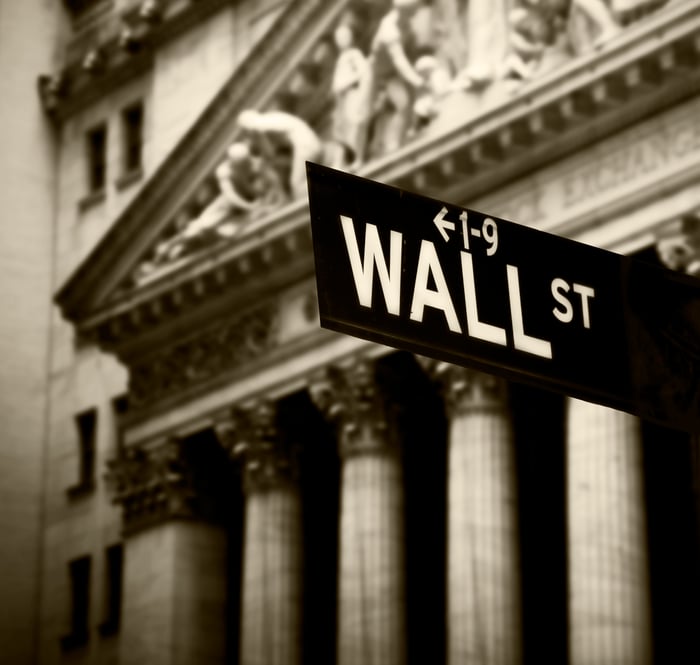 Wall Street street sign for the New York Stock Exchange building.