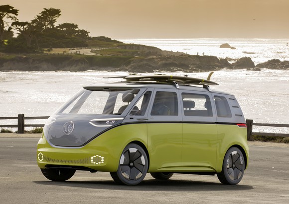The VW I.D. Buzz, an electric minivan with styling inspired by the 1960s VW Microbus. 