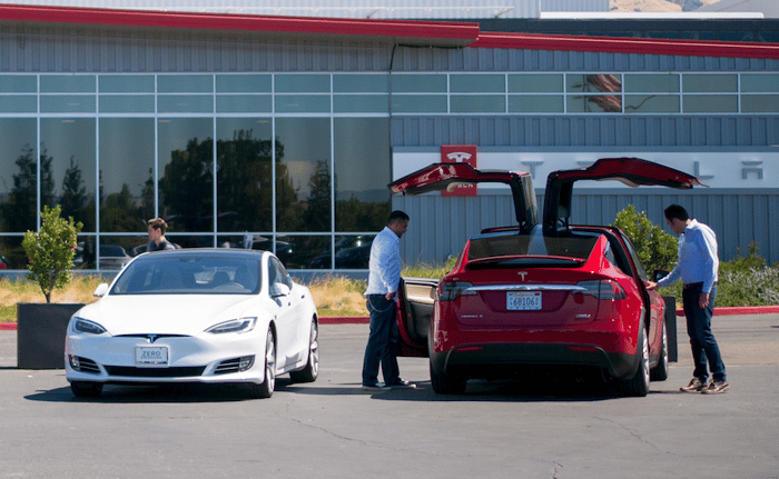 Tesla vehicles outside of the company's factory in California.