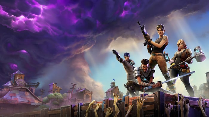 Animated characters holding guns and swords, preparing for battle, in a screenshot from Epic Games Fortnite.