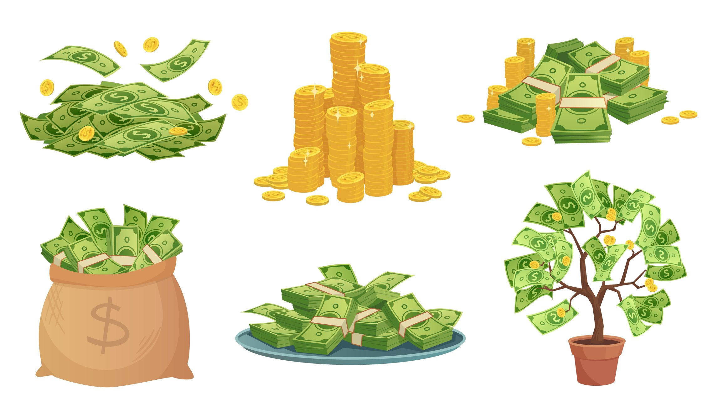 A series of 6 money icons, including stacks of gold coins and a sack of bills. 