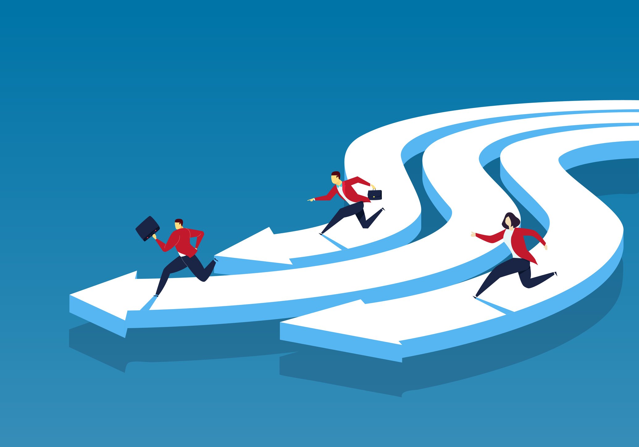 Visualization of a close race between three business competitors following curved arrow lines