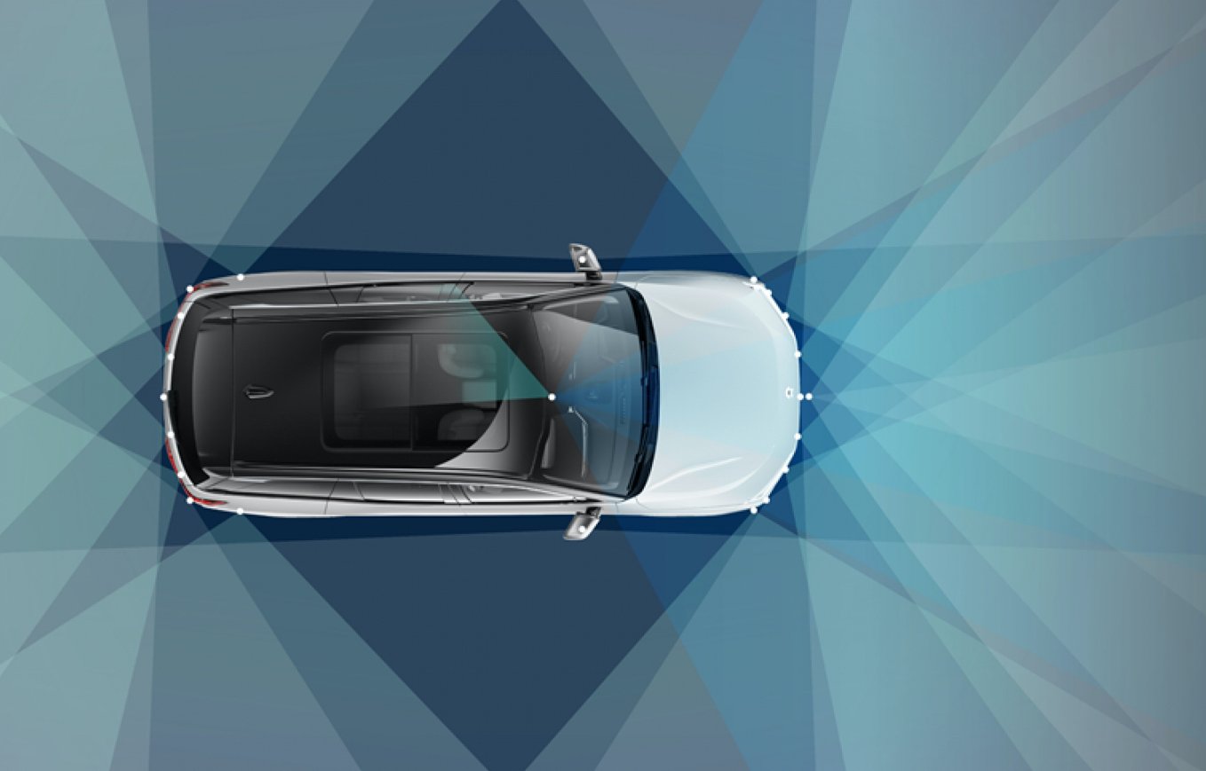 A NIO SUV, seen from above, with illustrations showing the NIO Pilot system's sensor coverage. 