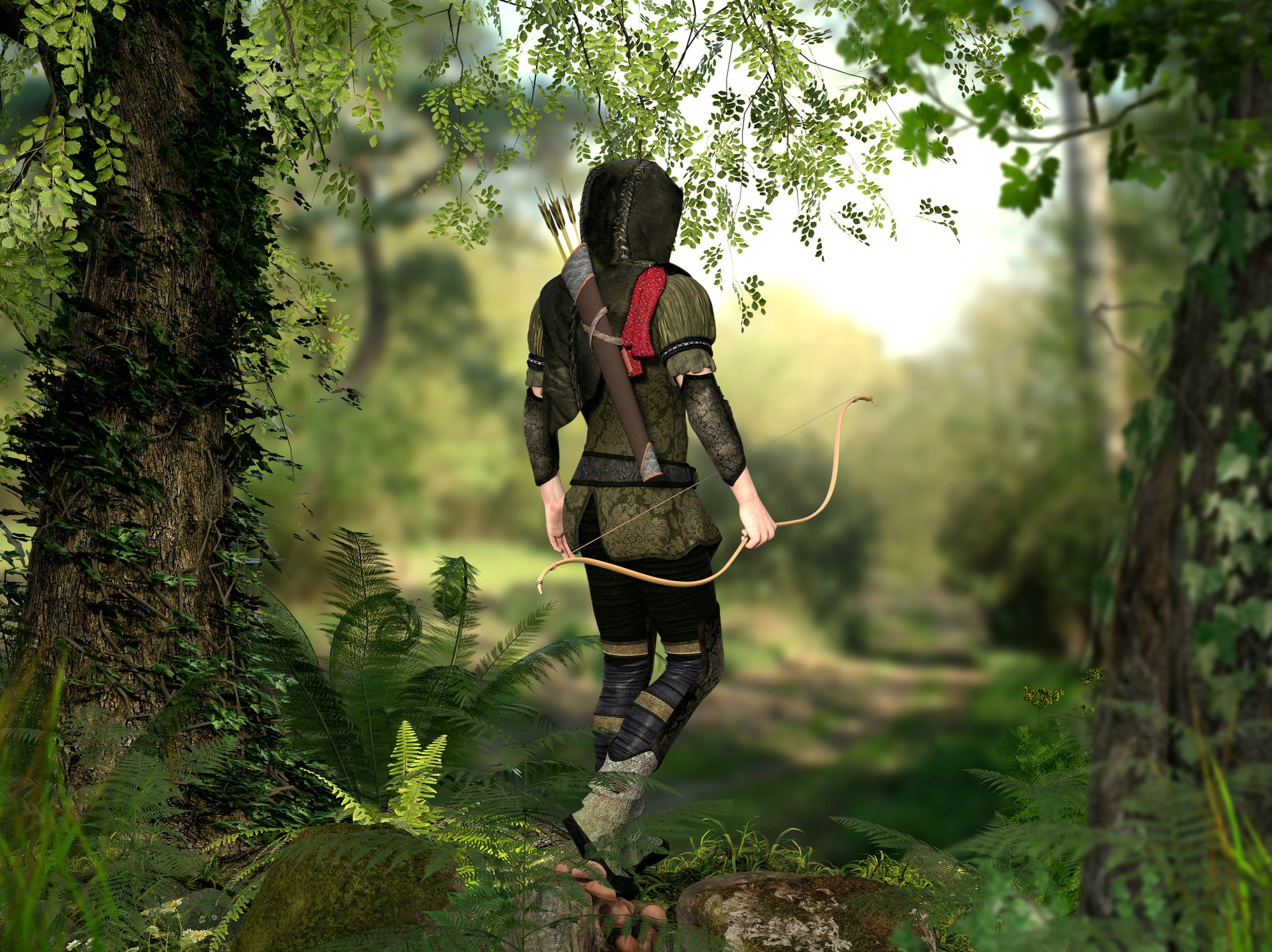 A hooded archer with a bow and quiver walks through a forest.