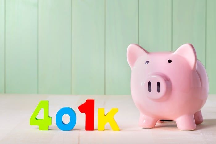 Piggy bank with colorful 401(k) letters next to it.
