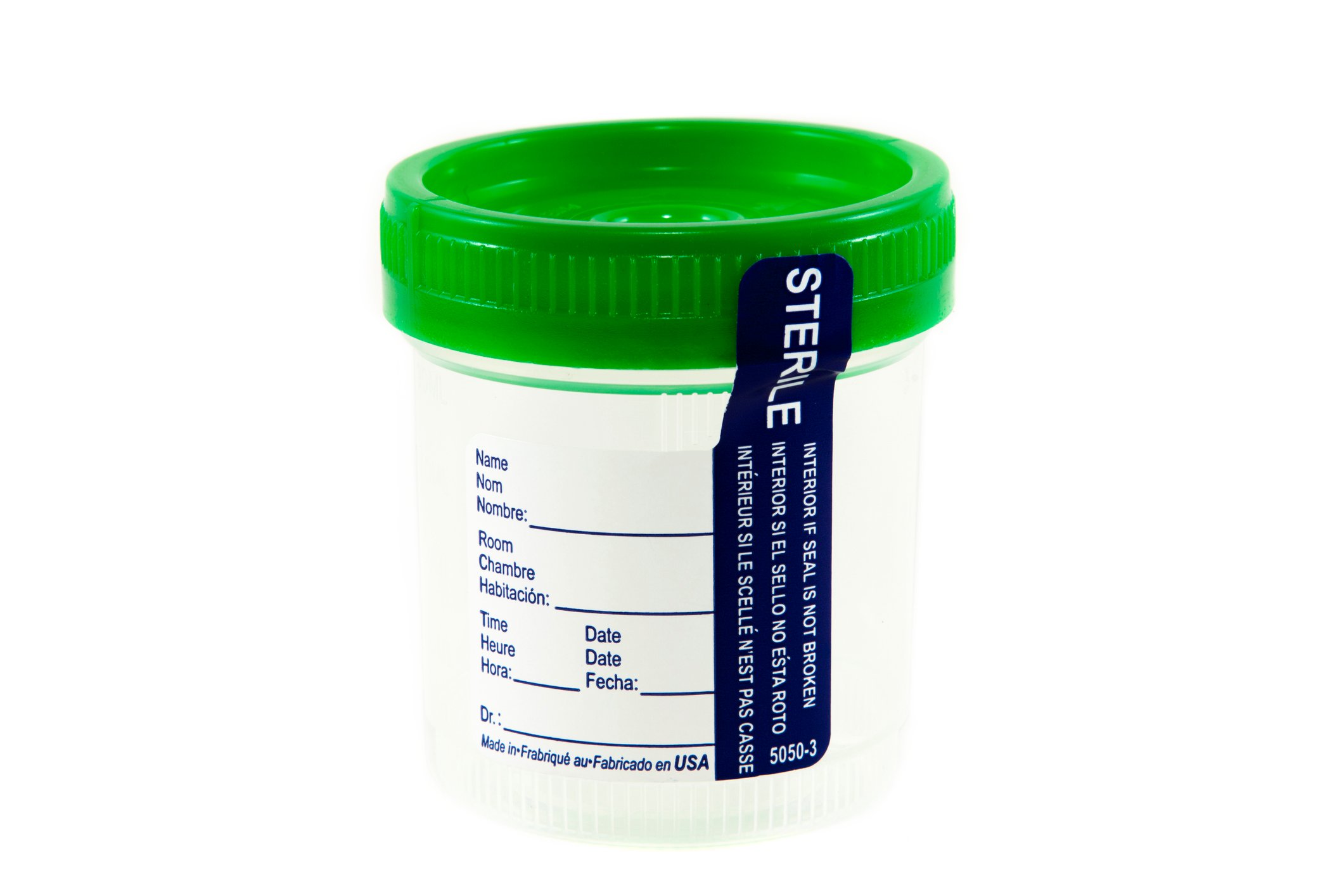 A sealed, sterile cup for collecting medical samples.