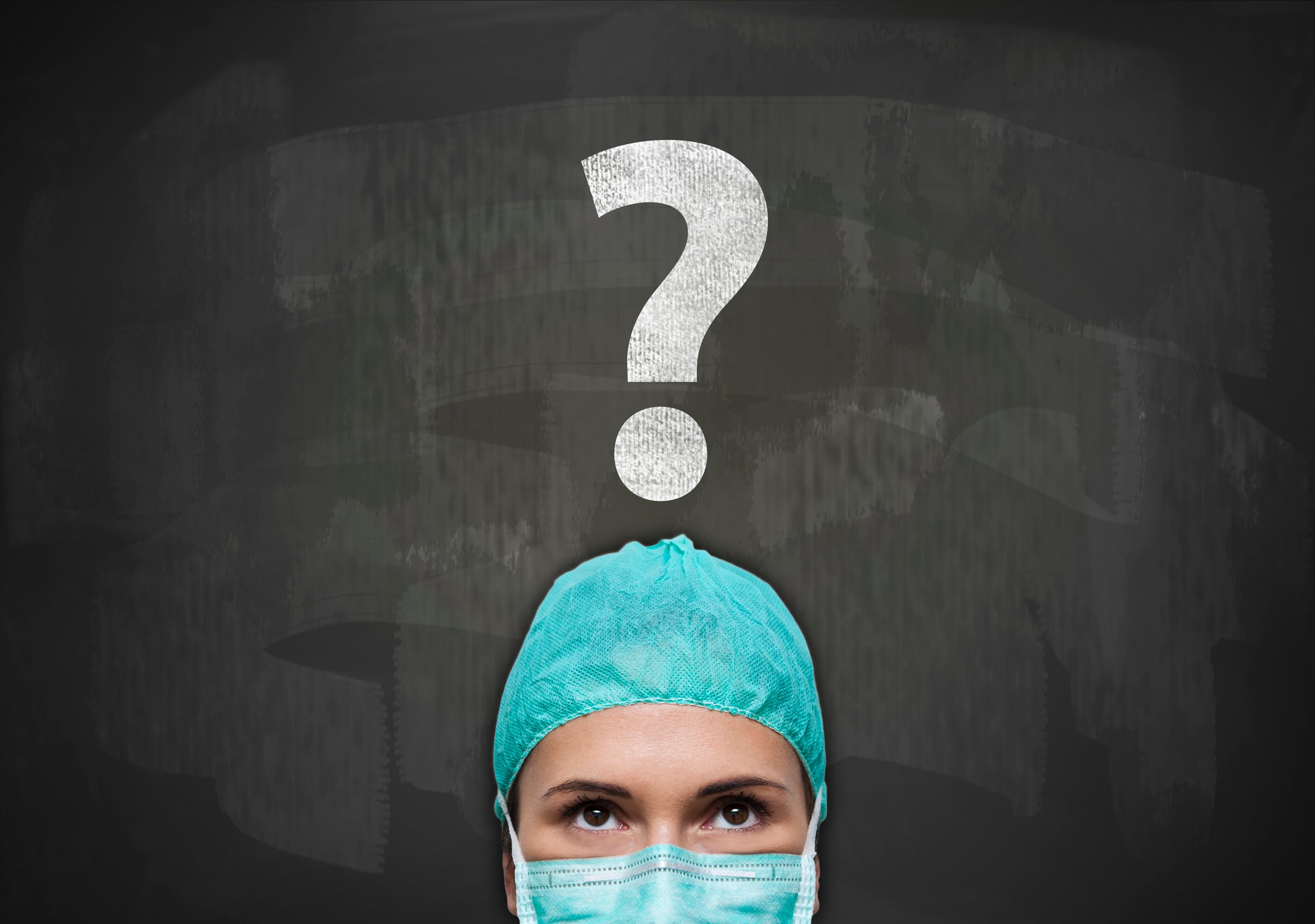 Woman wearing a face mask with a question mark above her head.