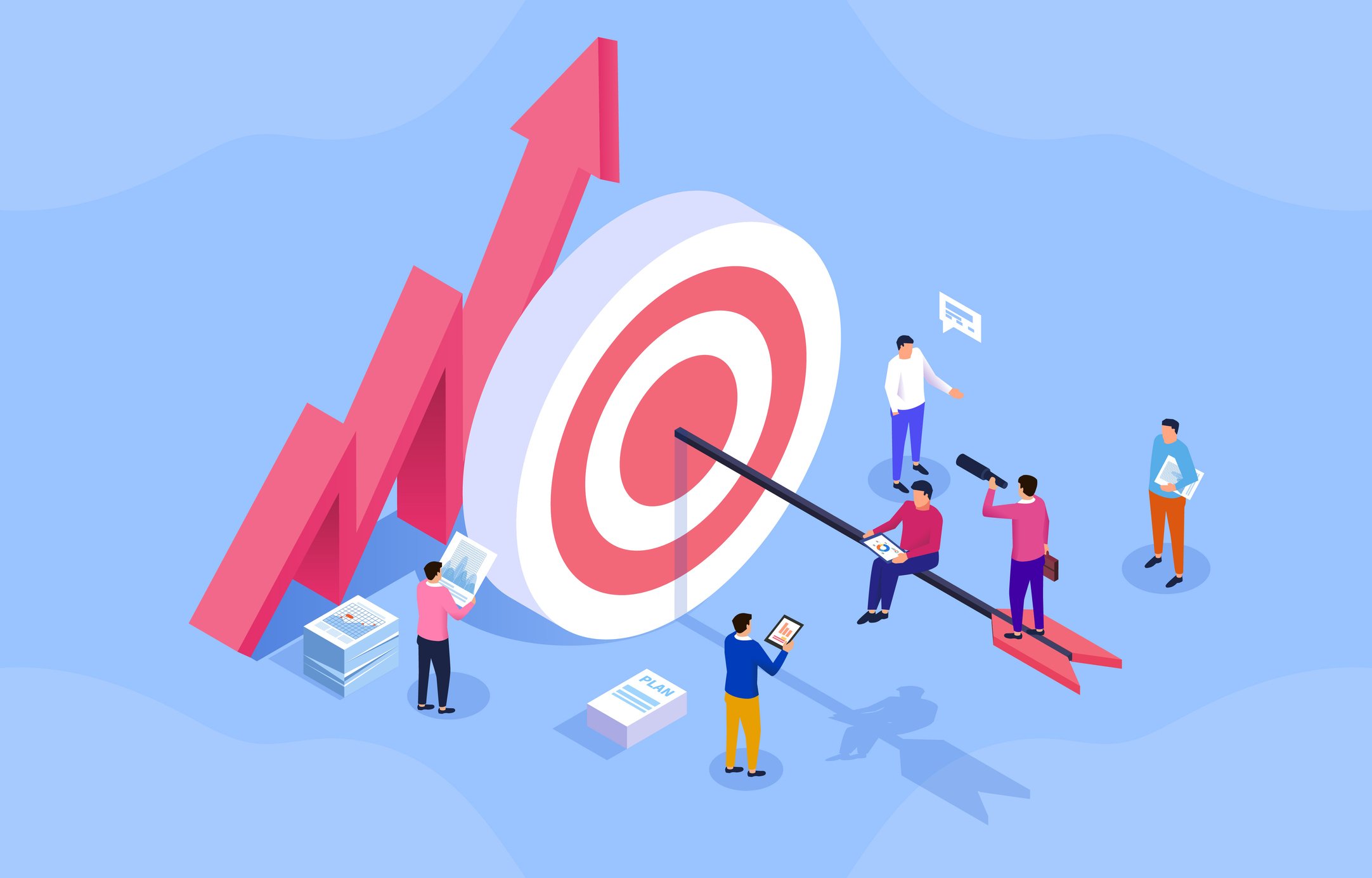 red arrow behind bullseye symbol with workers nearby indicating growth