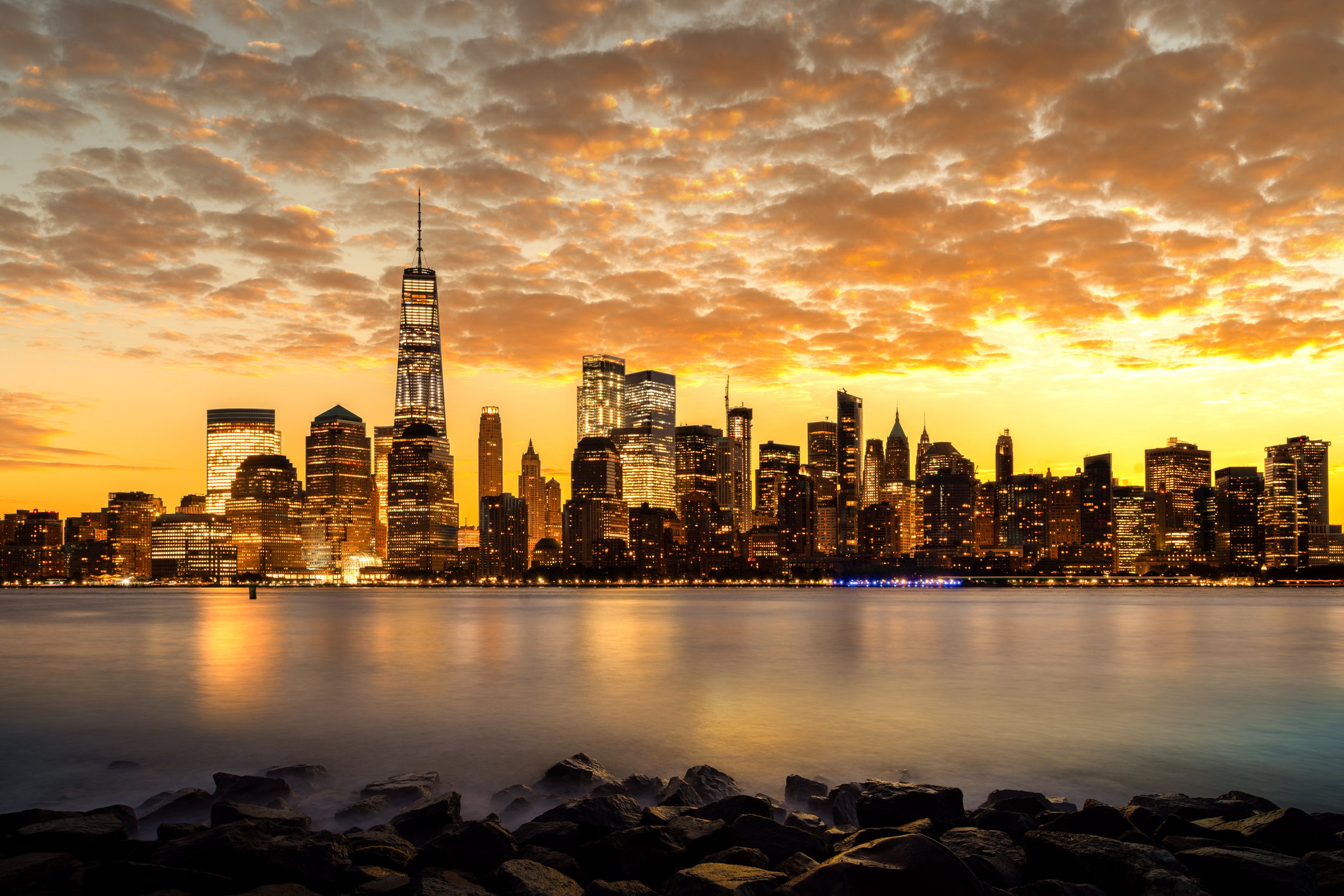 New York City skyline sunset.