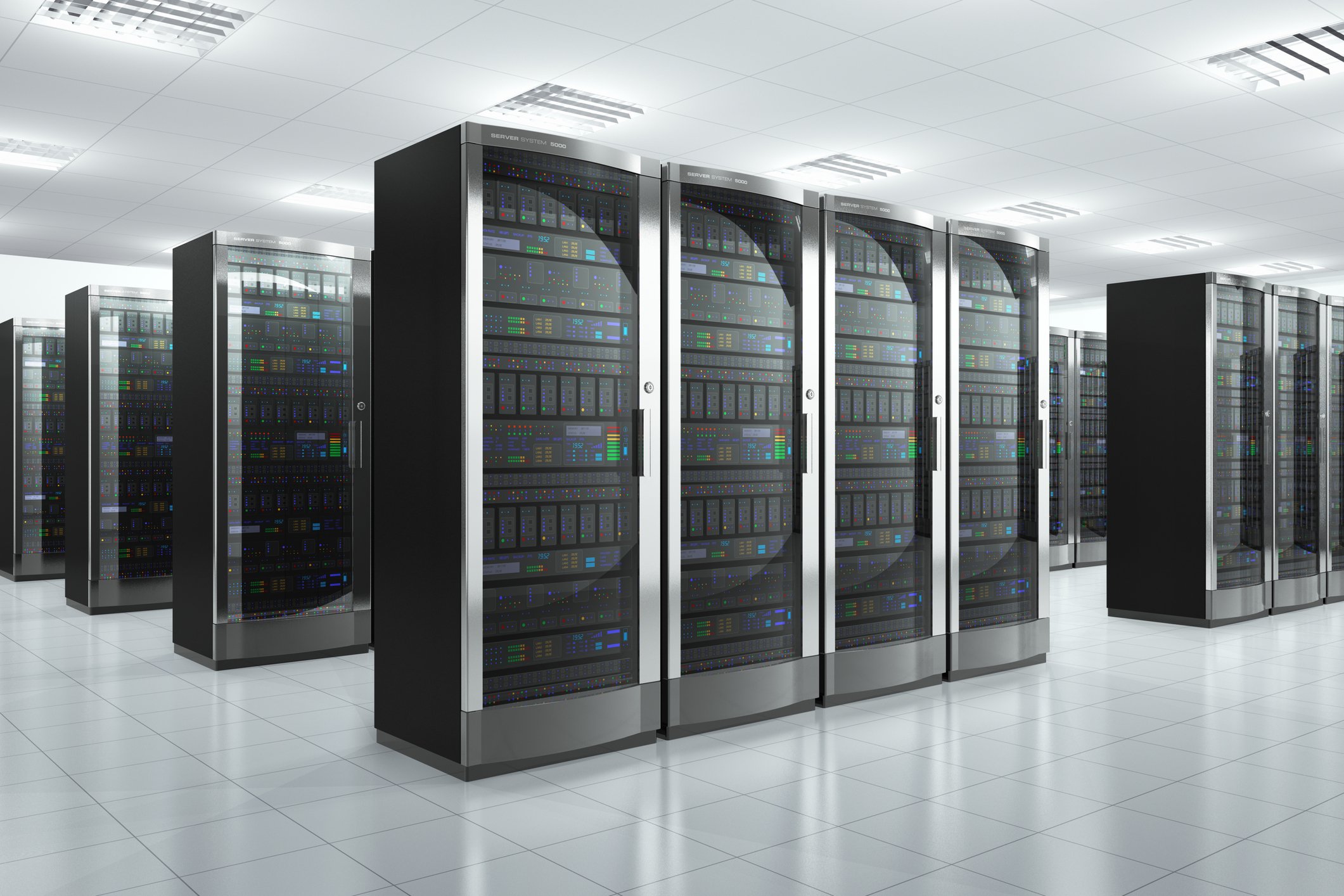 Rows and rows of server racks in a modern data center.